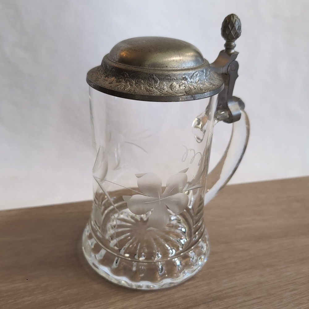 Rein‎ Zinn Beer Stein Etched Floral Glass Pewter Lid German Vintage